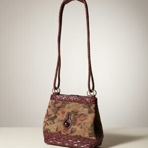 Vintage Tapestry Floral Crossbody Bag Boho Carpet  Braided Leather Trim